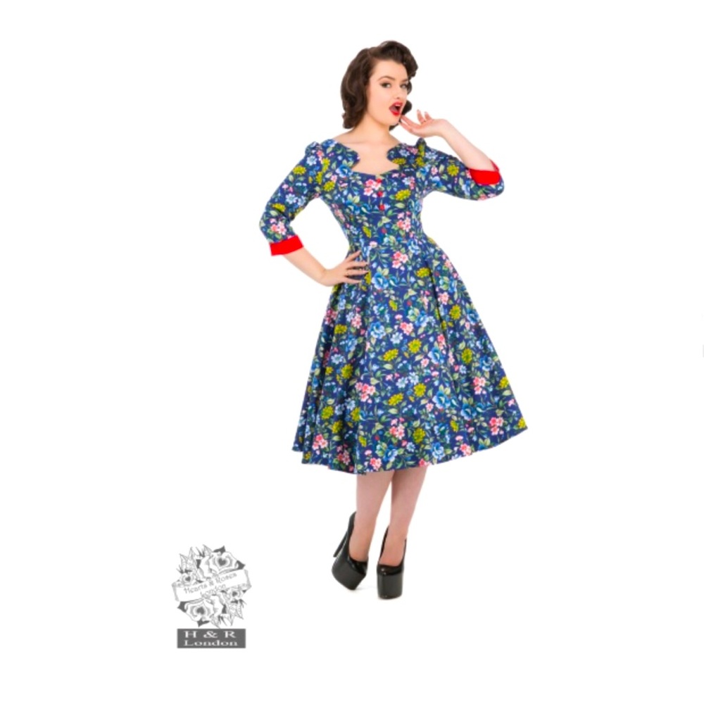 Oxford Blue Ella Floral Swing Dress by Hearts & Roses London